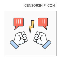 Controversial color icon. Public disagreement. Prolonged dispute, fight unfolds in public places. Political opposition. Censorship concept. Isolated vector illustration