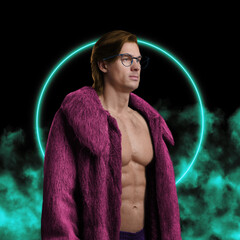 Bizarre guy with glasses dressed in fur coat