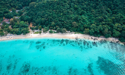 Coral island, koh He, beach and boats in Phuket province, Thailand