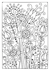 Foto auf Acrylglas Flower coloring page. Magic garden. Art therapy. Background with flowers for coloring. © E.Nolan