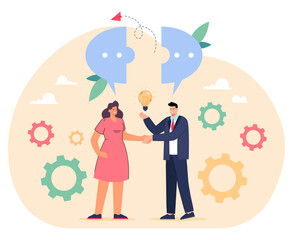 Handshake, challenge and dialogue of business partners. Cooperation of tiny man and woman with puzzle from message bubbles and light bulb flat vector illustration. Idea, success teamwork concept