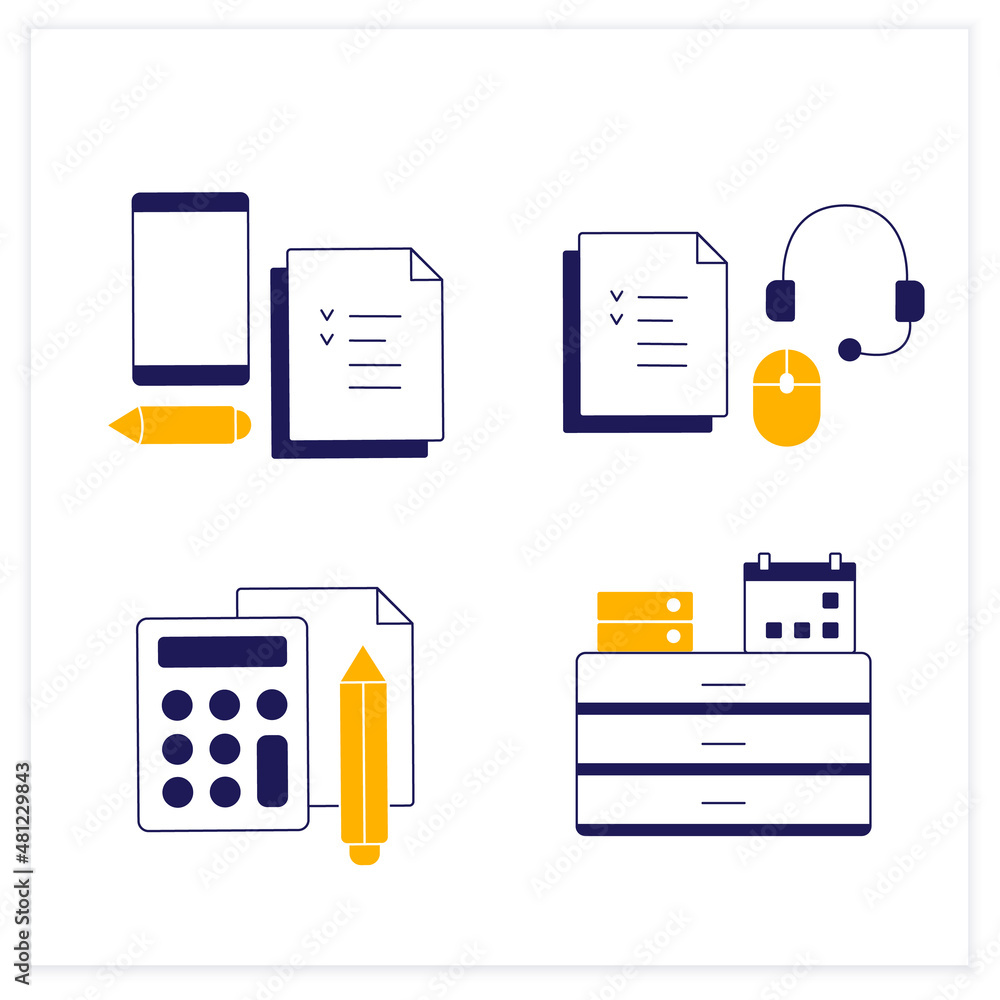 Poster office color icons set. workplace with devices. work atmosphere. calculator, headset. work concept. 