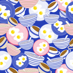 Seamless repeat surface pattern breakfast illustration with cereal eggs coffee on plates and bowls
