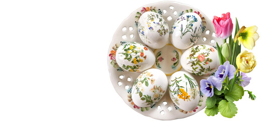 Easter postcard with decorated eggs on a decorative plate and different flowers