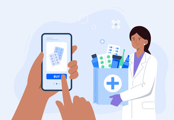 An Indian pharmacist with medical purchases. Online pharmacy, delivery drugs, prescription medicines order. Vector flat illustration.