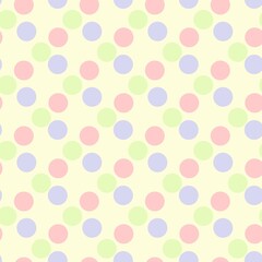 Fototapeta na wymiar Pastel polka dot pattern, repeating seamless backdrop with blue, pink and green circles on a white background, for baby products, packaging, fabric printing