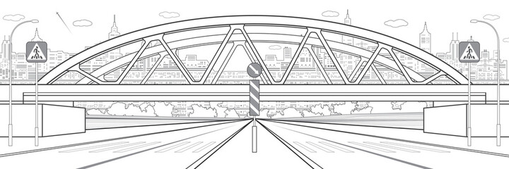 Black outline city Infrastructure and transport illustration. Railroad bridge. Modern town on white background. Urban scene. Vector design art
