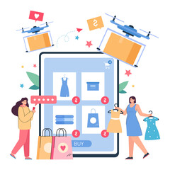 Costumers using digital gadgets for online shopping on sales. Professional drones delivering parcels from internet stores to female users flat vector illustration. Delivery, ecommerce concept