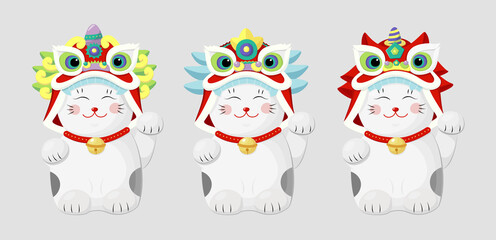 China lion dance maneki neko cat set in chinese style.Vector graphic. Happy chinese new year illustration. Japanese icon with red china symbol.