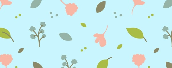 Hojas y flores sobre fondo azul.