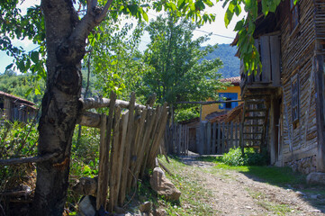 Wooden and yellow village houses in the trees. Wooden fences and stone path.