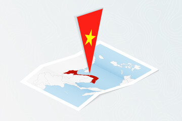 Obraz premium Isometric paper map of Vietnam with triangular flag of Vietnam in isometric style. Map on topographic background.
