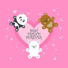 Illustrations of panda, polar bear and brown bear. Best Friend Forever. Peach color background with love shapes.