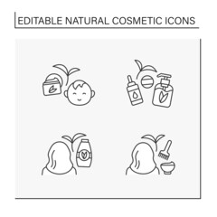 Natural cosmetic line icons set. Facial cream for moisturizing baby skin, serum and gel, shampoo, coloring. Self-care concept. Isolated vector illustrations. Editable stroke