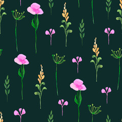 Watercolor seamless pattern with flowers for printing on fabric. Bright little flowers on a dark background.