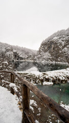 Plitvice lakes, National park in Croatia, during winter, covered with snow