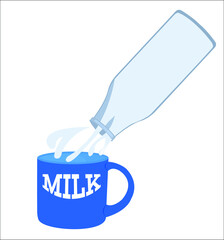 A bottle of milk and a blue cup. Can be useful for milk production companies and farms. Vector illustration.