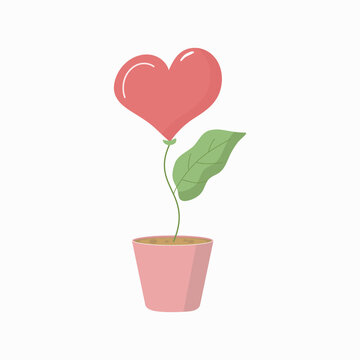 Flower in the shape of a heart in a pot. Cartoon vector illustration. Valentine's day holiday. Isolated background.