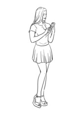 Young attractive Woman texting and looking on Mobile Device while walking Lineart - 481234621