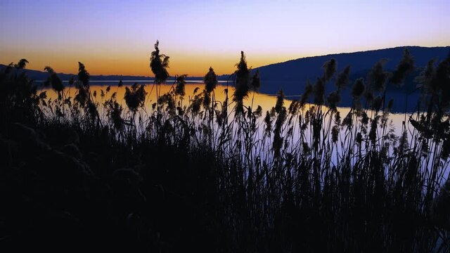 Aerial Drone - Winter Landscape at Dusk on Lake Corgeno