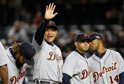 Detroit Tigers Miguel Cabrera waves before Game 1 of the MLB ALCS playoff baseball series against the New York Yankees in New York
