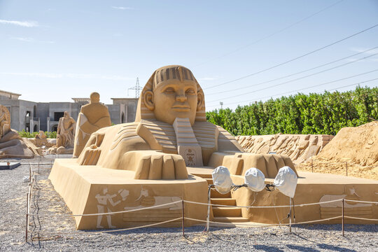 October 24, 2021.HURAGADA,Red Sea Governorate, EGYPT a sand city with sand sculptures. Excursions in Hurghada.sand figures with a scene from the life of the inhabitants of ancient Rome.
