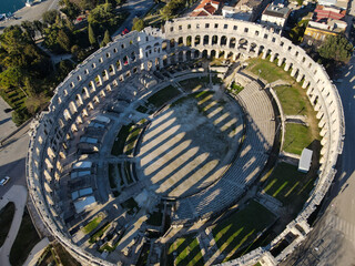 view at famous european city of Pula and arena of roman time. Istria country, Croatia, Europe....