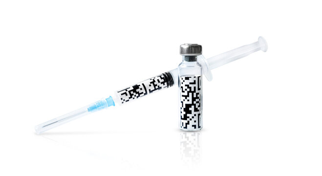 QR code in syringe and in bottle. medical concept. isolated on white background