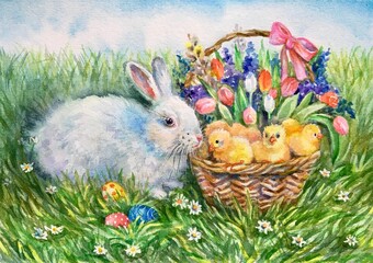 Watercolor little white rabbit. Easter bunny and yellow chickens, decorative  eggs blue, yellow, red.  Horizontal view, copy-space. Template for designs , card, wallpaper.