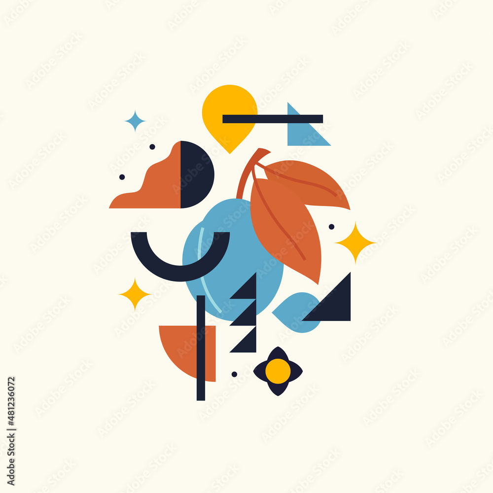 Poster vector graphics in a minimalistic style with geometric elements. illustration of a plum in a flat st