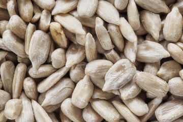 Extreme close up picture of raw sunflower seed kernels, selective focus.
