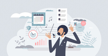 Marketing manager for creative and innovative advertisement strategy tiny person concept. Professional social media tactics for brand recognition campaign vector illustration. Genius content creator.