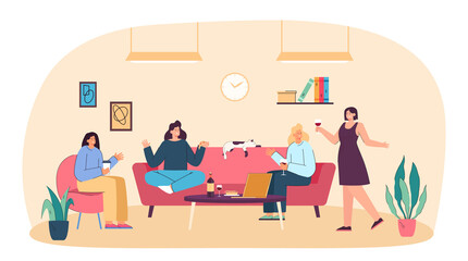 Group of young cheerful girlfriends gathering for home party. Fun celebration of female friends or neighbors sitting on couch with glasses of wine and cat flat vector illustration. Friendship concept
