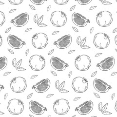 Pomegranates and leaves line pattern, vector seamless fruit background