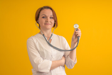 The doctor is ready to listen to you. On a yellow background.