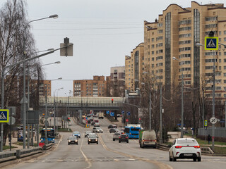 Street view with pedestrian overpass