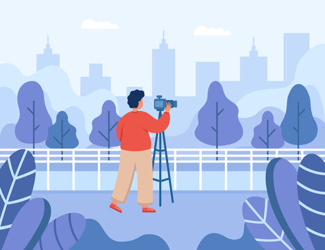 Professional photographer taking picture of landscape of city. Man with camera on tripod flat vector illustration. Photography, traveling, nature concept for banner, website design or landing web page
