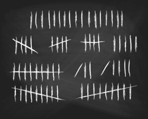 Tally marks set on school black chalkboard. Collection of white hash marks signs of prison wall, jail or desert island lost day tally numbers counting. Vector chalk drawn sticks lines counter