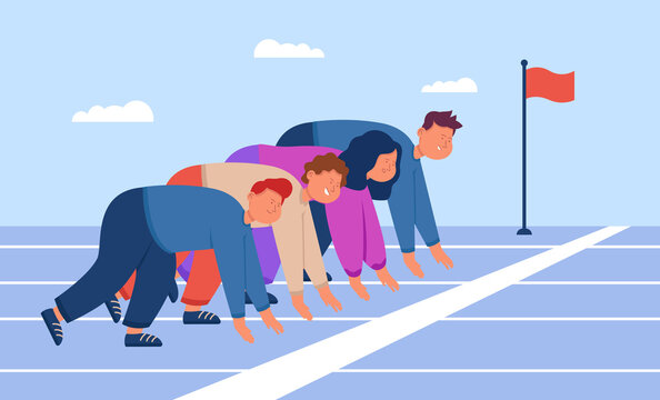 Cartoon employees getting ready for sprint race at start line. Young office workers or clerks competing in running, business competitors flat vector illustration. Competition, career, rivalry concept