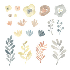 Watercolor abstract botanical set. Beige brown ochre color. Ideal for textiles, design.