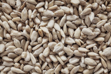 Close up picture of raw sunflower seed kernels, selective focus.
