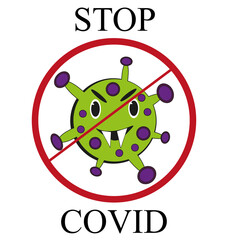 Green angry smiling covid virus character in caricature sketch style with inscription 