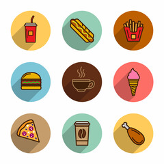 Fast food vector colorful flat design icons, pizza, hot dog, fries, hamburger, coffee. Template elements for mobile applications and web design.