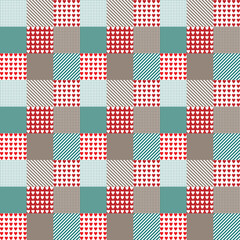 Patchwork cage pattern heart. Vector design illustration. White pink and blue color. Romantic vintage print. Repeat background wallpaper texture.