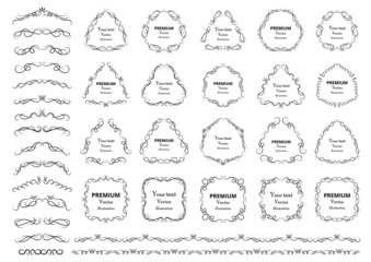 Calligraphic design elements . Decorative swirls or scrolls, vintage frames , flourishes, labels and dividers. Retro vector illustration