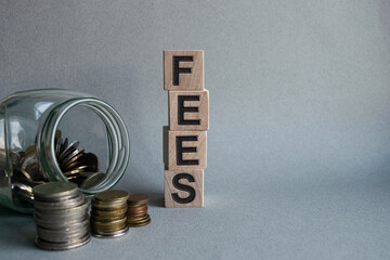 The inscription FEES on wooden cubes isolated on a light background along with a glass jar with coins, business and finance concept.