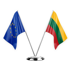 Two table flags isolated on white background 3d illustration, european union and lithuania