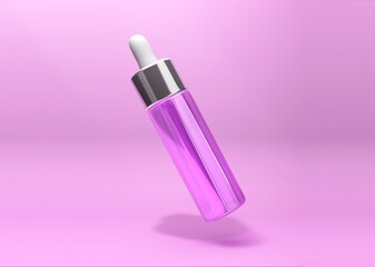 Cosmetic package.3d rendering background for beauty advertisements. Mock up of Glass serum jar with metallic cap and pipette.3d in trendy very Peri fashion color.Advertising cream for the face. Blank