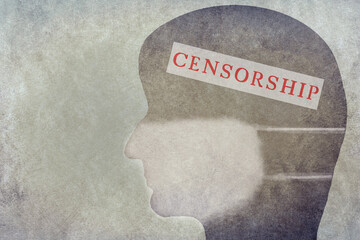 Silhouette of a man wearing a mask, labeled with censorship, cancel culture, free speech, mind...