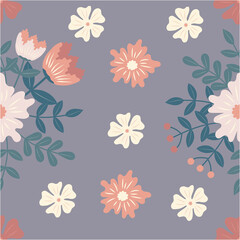 Blooming flowers and plants seamless pattern in pastel colors on gray background. Flowers and plant image for fabric, fashion, wallpapers